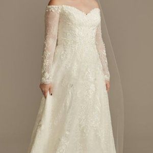 OLEG CASSINI leafy applique lace off the shoulder wedding dress